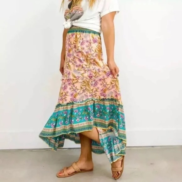 Bohemian Floral Gypsy Elastic Smocked Waist Skirt - Picture 1 of 7